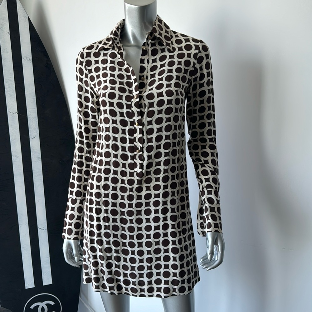 Brown & crème geo printed silk dress